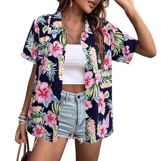 2025 New Summer Cross-Border Women's Printed Short-Sleeved Shirt Loose Vacation Style Tropical Floral Cardigan Top 2025 New Summer Cross-Border Women's Printed Short-Sleeved Shirt Loose Vacation Style Tropical Floral Cardigan Top