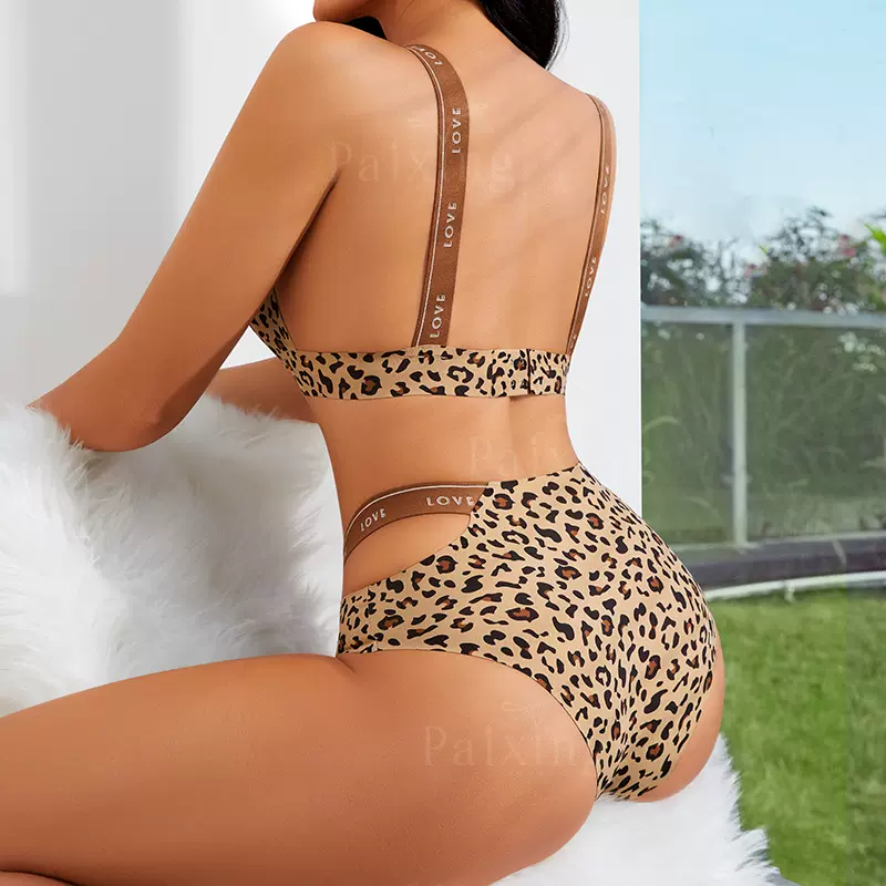 欧美大码内衣内裤套装性感字母肩带舒适冰丝无痕豹纹诱惑女士文胸