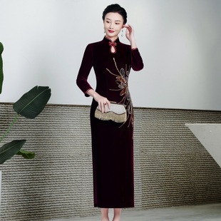 New modified velvet cheongsam long sleeve Xi mother-in-law high-end wedding dress toast clothing wholesale factory direct sales