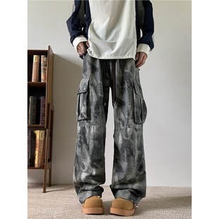 Washed Camouflage Cargo Paratrooper Pants for Men, Spring and Autumn American High Street Loose Niche Pleated Distressed Straight Casual Pants