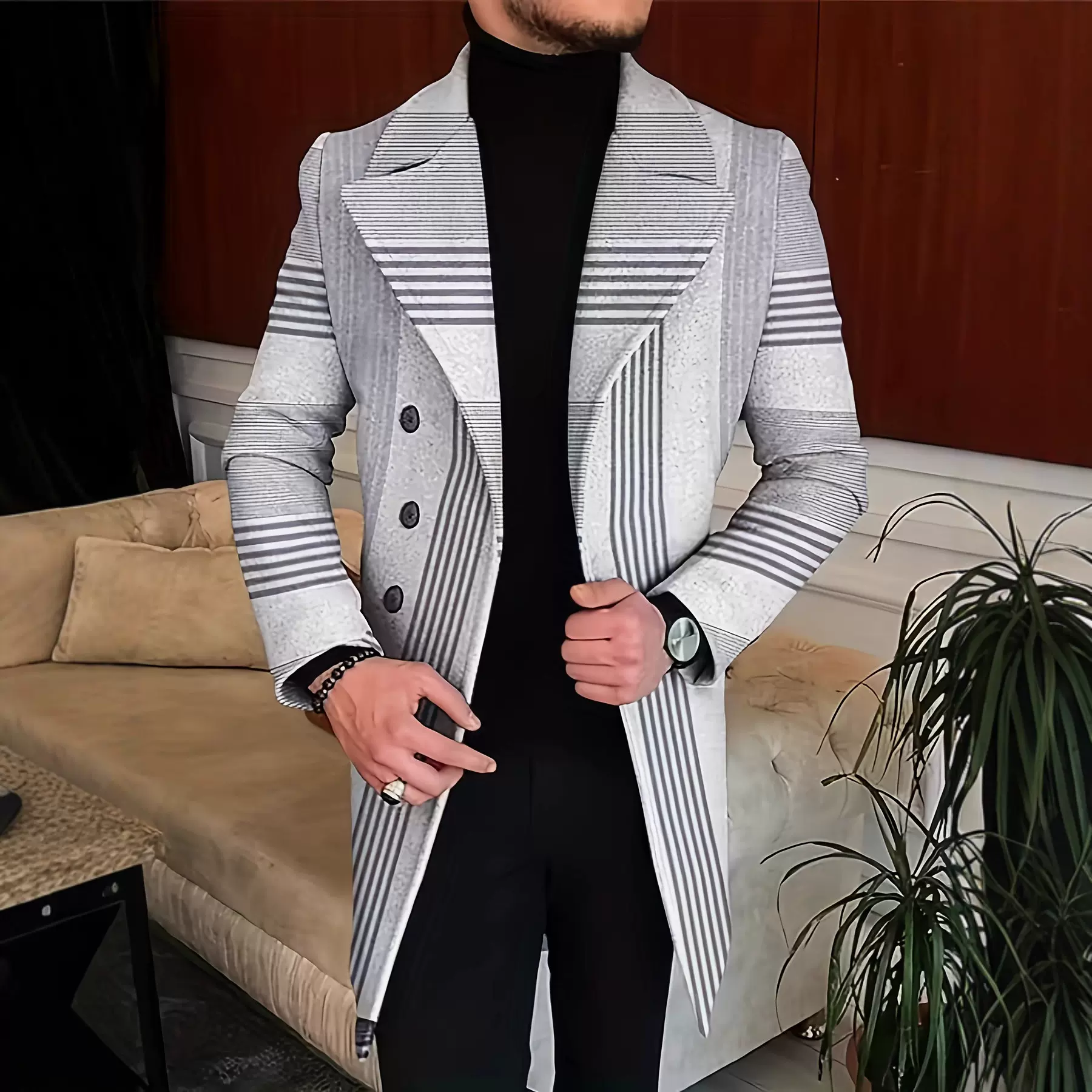 2024欧美外贸跨境男式大衣秋冬新款毛呢立领中长款印花休闲大衣