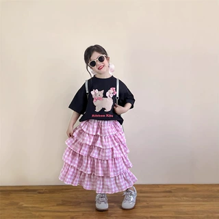 韩版女童套装2025夏季时髦蝴蝶结卡通印花短袖T恤+粉格长款蛋糕裙