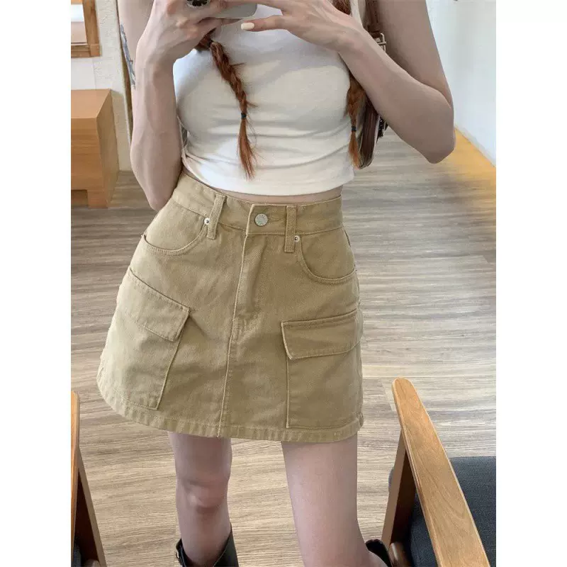 卡其色工装牛仔半身裙女夏季高腰宽松显瘦防走光a字裙百搭短裙裤
