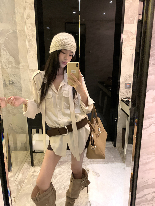 设计感飘带宽松长袖衬衫女装2025秋季新款小众宽松显瘦中长款上衣|undefined