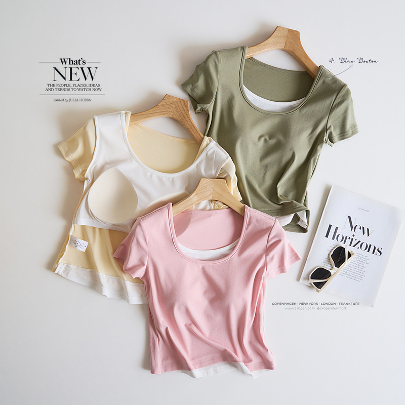 ライゼル7a抗菌胸パッド付き丸首ステッチ衝突色半袖tシャツ女性偽2枚の中に身を修める上着夏|undefined