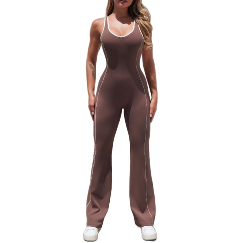 Monos de yoga deportivos transfronterizos europeos y americanos cuidadosamente seleccionados para mujer, con un hermoso diseño en la espalda, un diseño deportivo de fitness con una sensación de desnudez y un estilo de pantalones acampanados que levantan la cadera.
