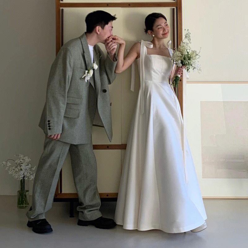 Luz de registro vestido de novia 2024 nueva Correa Super Fairy nupcial boda gasa simple satén vestido blanco