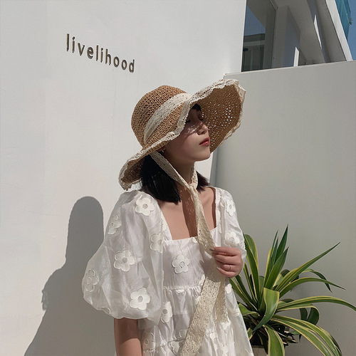 Hat Women's Straw Hat Korean Style Trendy Versatile Japanese Summer Thin Breathable Lace Hollow Small Fresh Windproof Rope