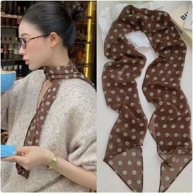 Brown Polka Dot Silk Scarf Printed High-End Versatile Ribbon Neck Accessory for Women 2025 New Hairband Hair Tie Long Scarf