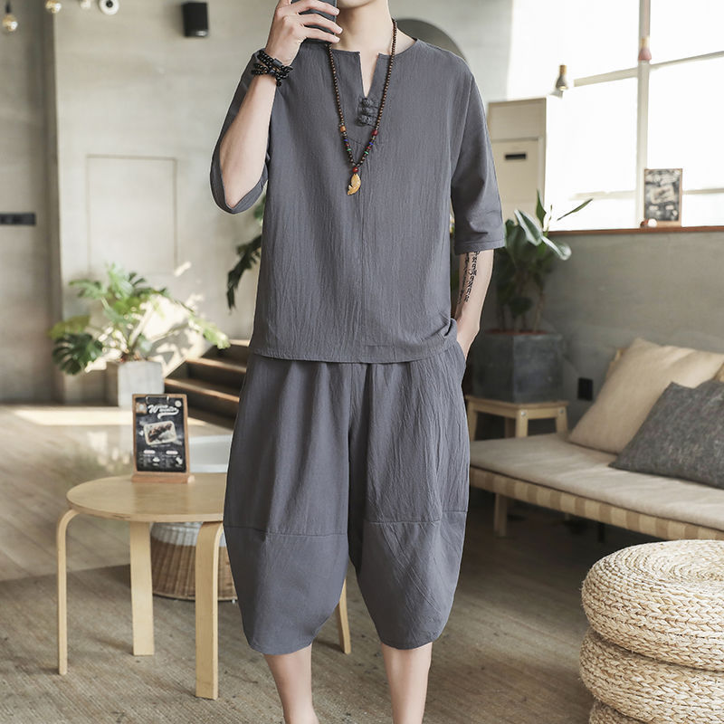 Nuevo traje de lino de verano para hombre Camiseta de estilo chino de manga corta de dos piezas de gran tamaño pantalones recortados sueltos para hombre