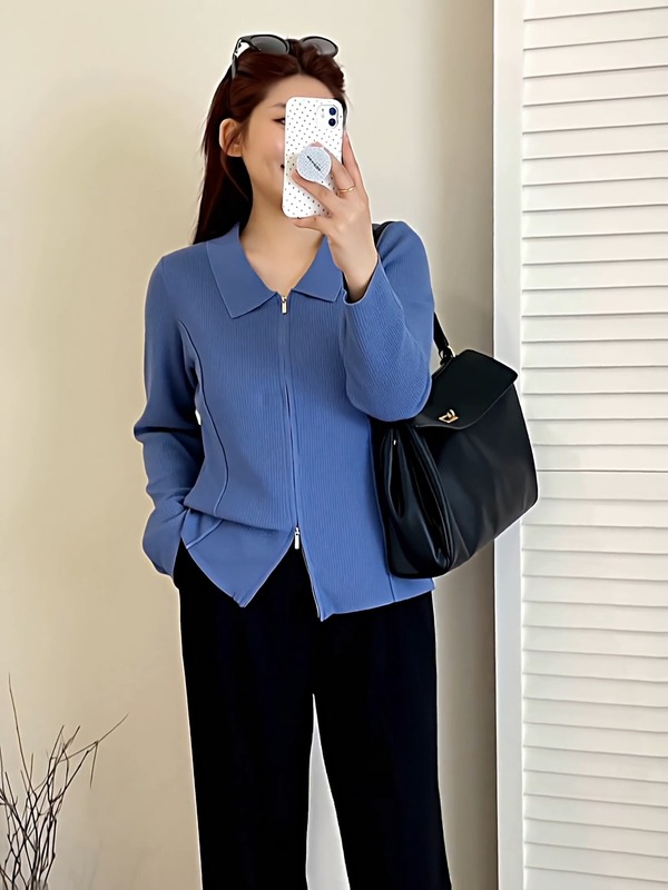 【包邮】大码女装休闲卫衣女polo领外套2025秋胖mm宽松针织开衫|undefined