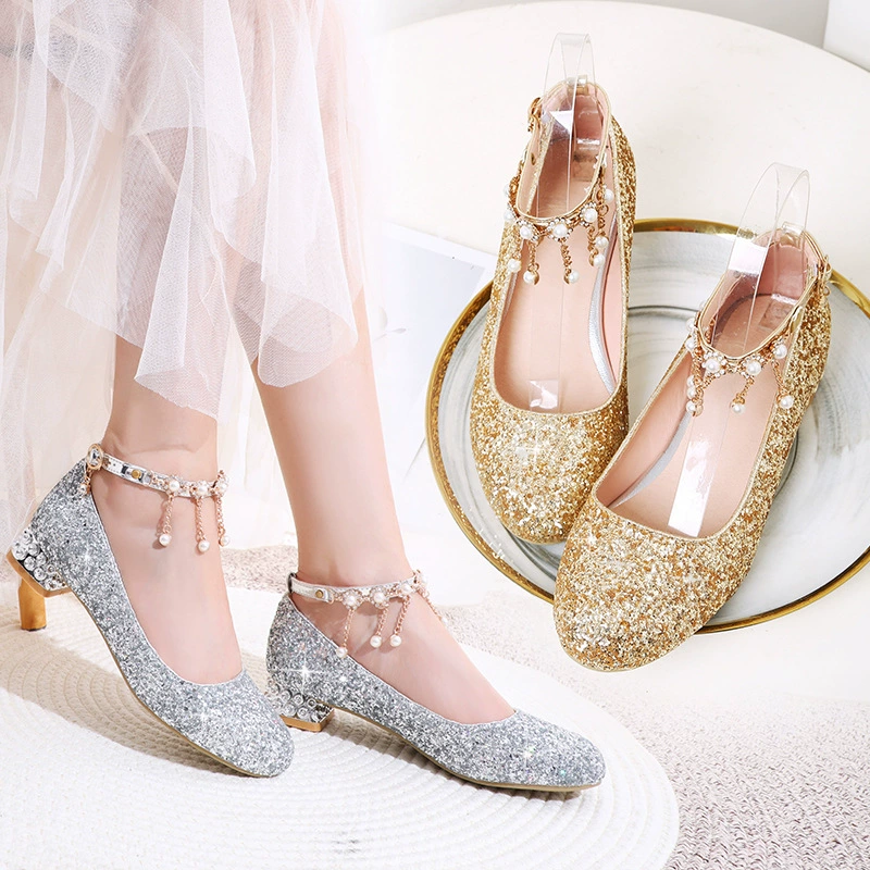 11-летние детские туфли на высоком каблуке 2021 для маленьких девочек Подиум часы для фортепиано выступление ведущей девочки кожаные туфли золотые и серебряные студенты