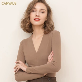 CANVAUS女装秋冬新款V领长袖棉质薄绒纯色修身简约欧美风打底衫潮