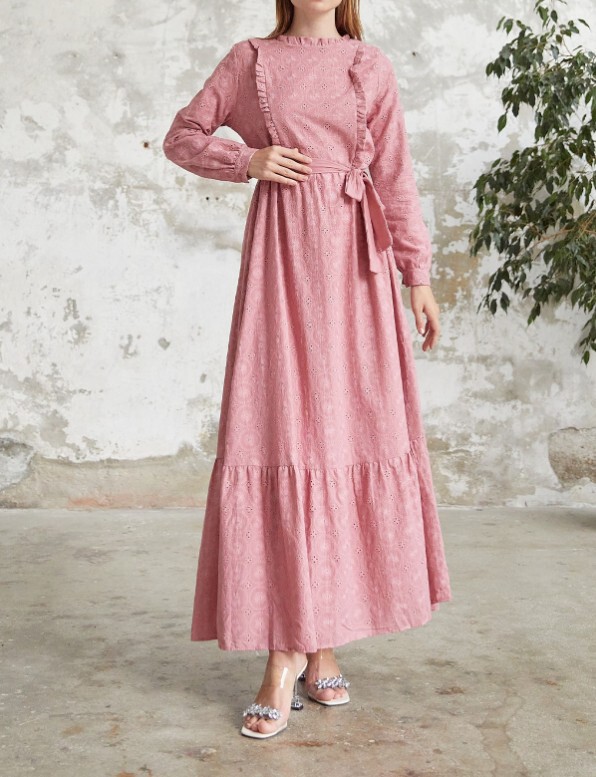 2022wish independent station autumn new cotton linen lotus leaf tie belt stitching long sleeve long dress