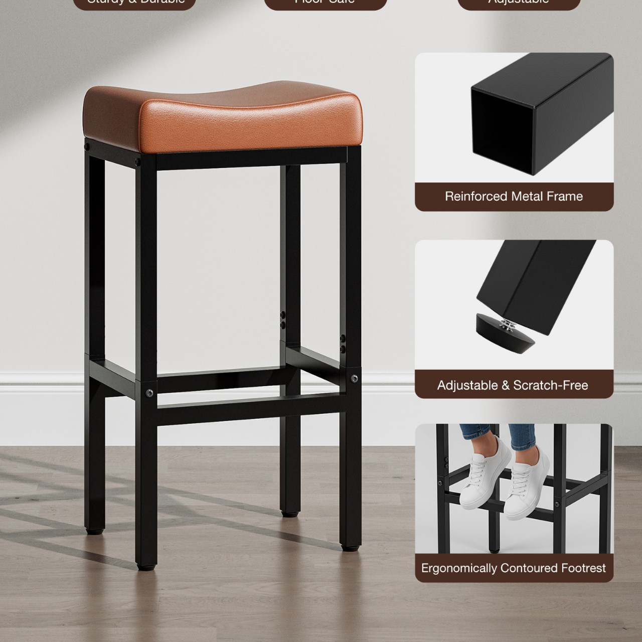 Bar KTV bar chair, bar stool, high stool, pure black retro saddle stool, PU leather bar stool with metal base