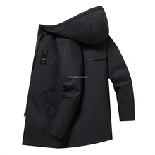 2025春秋中长款风衣外套男休闲百搭黑色夹克男士薄款纯色连帽上衣