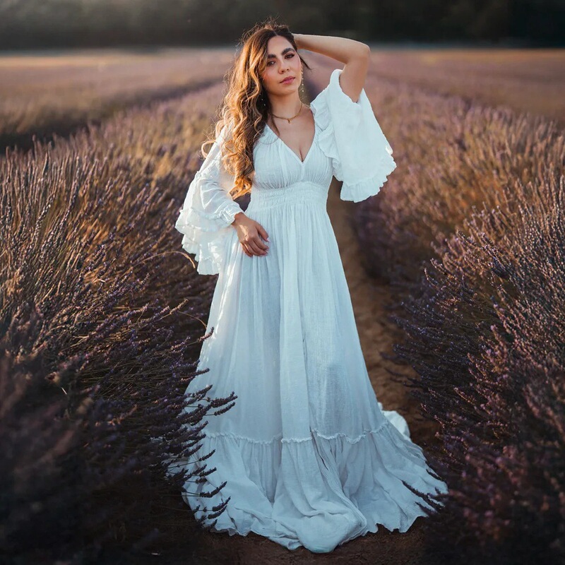 European and American Bohemian Maternity Photo Shoot Long Dress with Deep V-Neck, Ruffled Bell Sleeves, High Waist, and Large Hem Maternity Photo Gown Overseas Warehouse European and American Bohemian Maternity Photo Shoot Long Dress with Deep V-Neck, Ruffled Bell Sleeves, High Waist, and Large Hem Maternity Photo Gown Overseas Warehouse