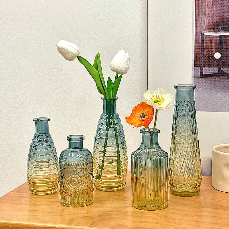 Ретро французский рельеф прозрачная стеклянная Маленькая ваза гостиная Цветочная композиция в стиле ins мини-сухоцветы устройство для выращивания водных цветов