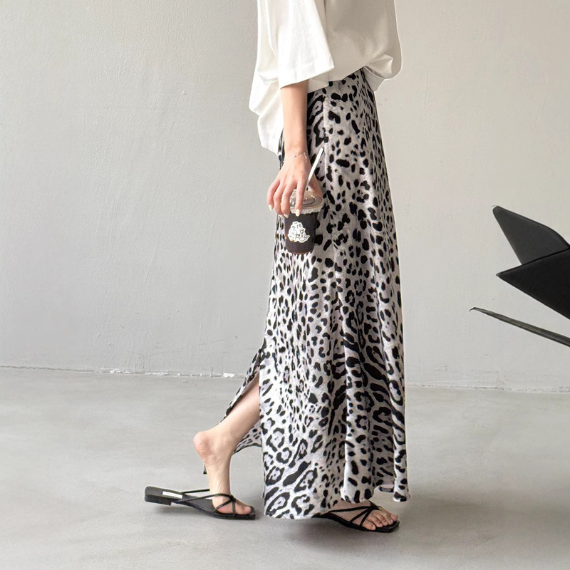 Leopard Print Fashionable Slit Skirt for Women 2025 Summer New Style Accessible Luxury High Waist Slimming Look High-End A-Line High-End Long Skirt