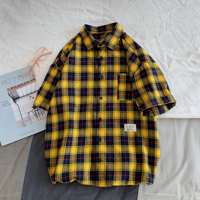 Camisas de manga corta a cuadros para hombres de verano nuevo estilo suelto marca de moda camisa de media manga americana chaqueta casual retro