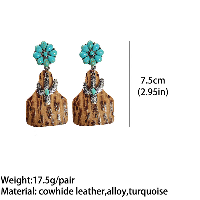 25g Weight December Birthstone Turquoise Inlay Material Retro Cactus Flower Pu Leather Alloy Inlay Turquoise Women's Drop Earrings 1 Pair