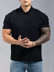 Men's Summer Solid Color Chinese-Style Polo Henley Neck Breathable Athletic Casual Short-Sleeve T-Shirt with Cuffed Sleeves