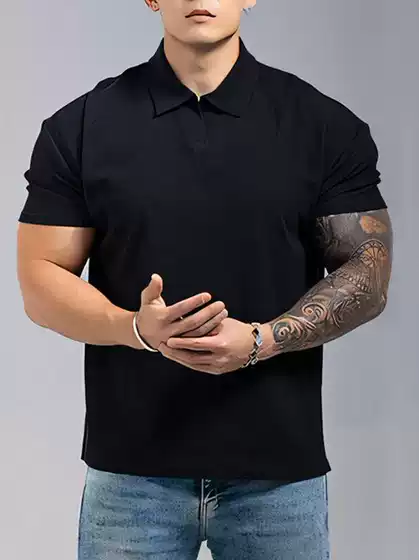 Men's Summer Solid Color Chinese-Style Polo Henley Neck Breathable Athletic Casual Short-Sleeve T-Shirt with Cuffed Sleeves