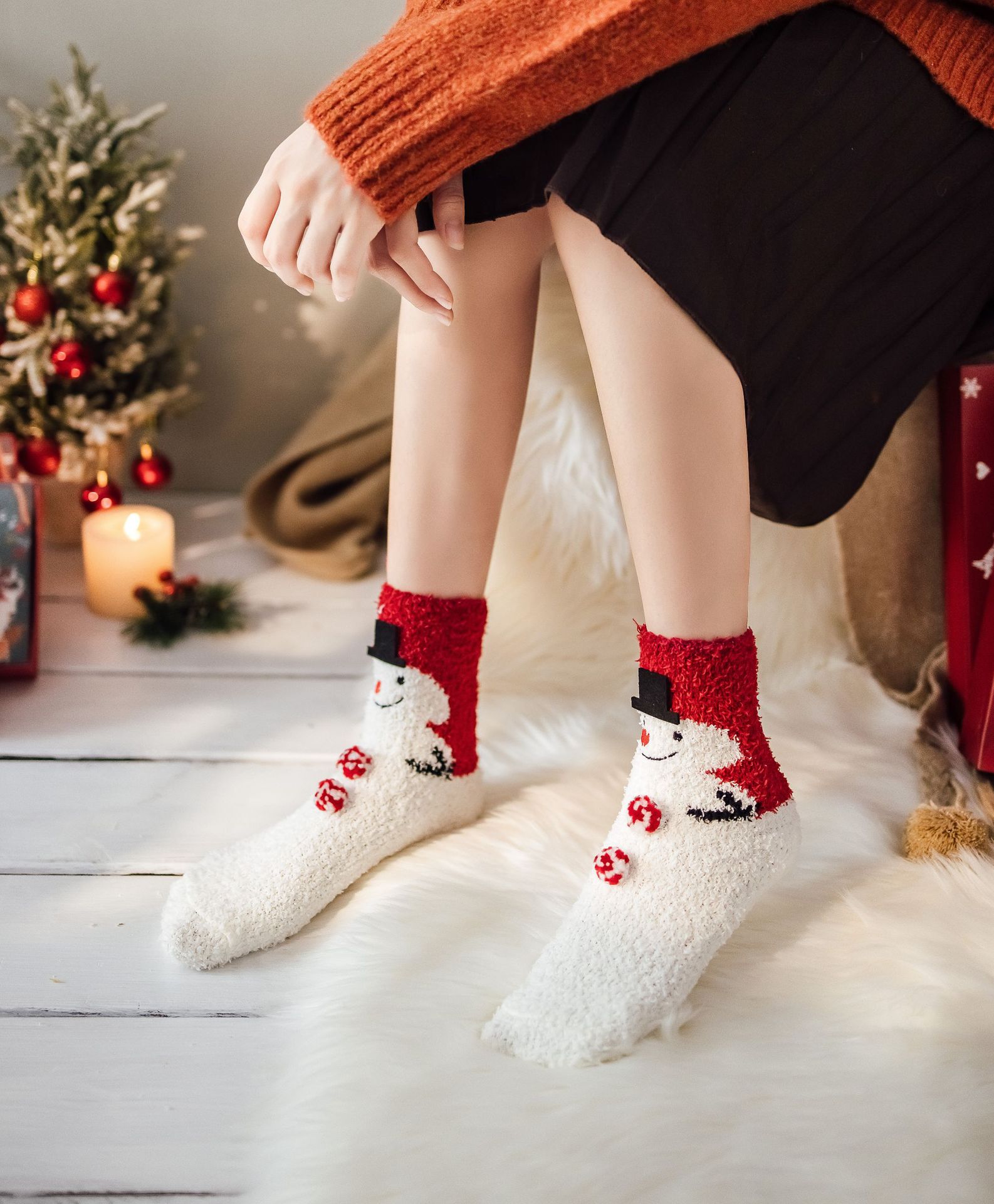 Jacquard Design Fashion Style Women's Fashion Santa Claus Snowman Snowflake Coral Fleece Jacquard Crew Socks