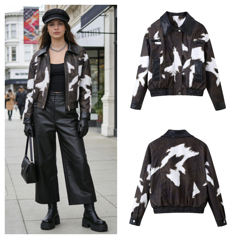 European and American Foreign Trade Women's Clothing, Aliexpress Hot-Selling Autumn Casual Versatile Cow Print Short Leather Jacket