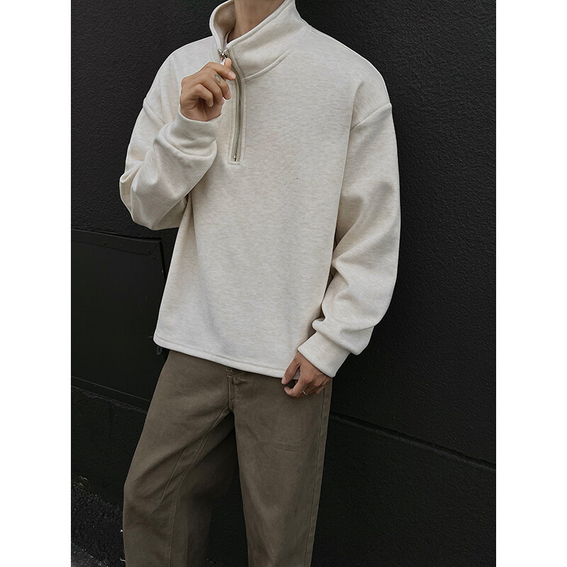 boy Half-Zip Sweatshirt For Men, Autumn Winter Trendy Brand, Fleece-Lined, Thickened, Layered, Long-Sleeve T-Shirt,_voghion.com