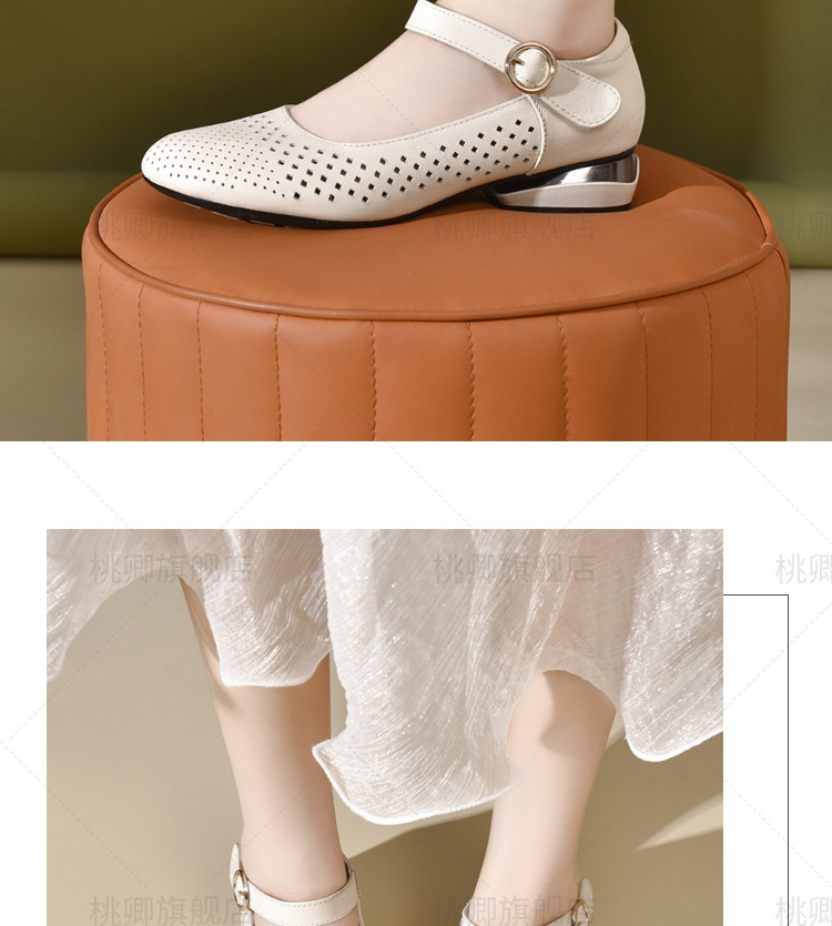 Giày sandal nữ đế xuồng mùa hè da thật thoáng khí mũi tròn bít mũi khoét lỗ — Màu đen chi tiết 15
