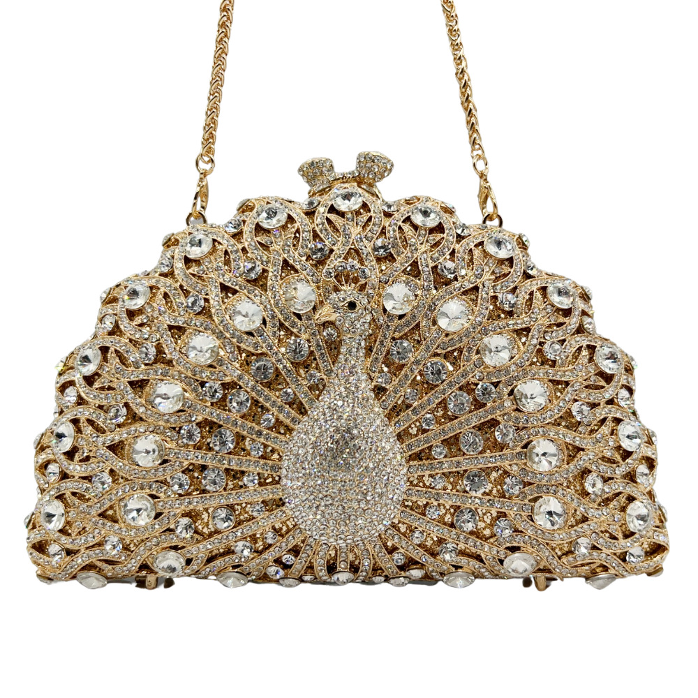 Túi clutch nữ đính đá hình con công rỗng dạ hội — Đen xanh lục, Xanh vàng, Nền vàng kim cương trắng, Vàng hồng chi tiết 10