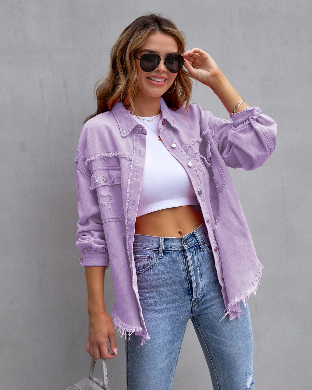 Giacca di jeans donna con volant strappata bavero manica lunga_voghion.com