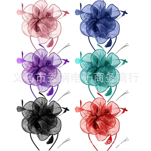 European and American mesh headdress feather flower organza topper headdress jockey club retro veil catwalk flower hair accessories