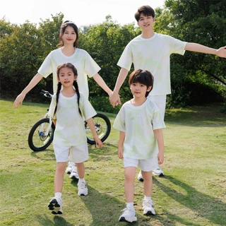 夏季亲子装一家三口四口扎染短袖套装休闲户外速干母子父子上衣潮