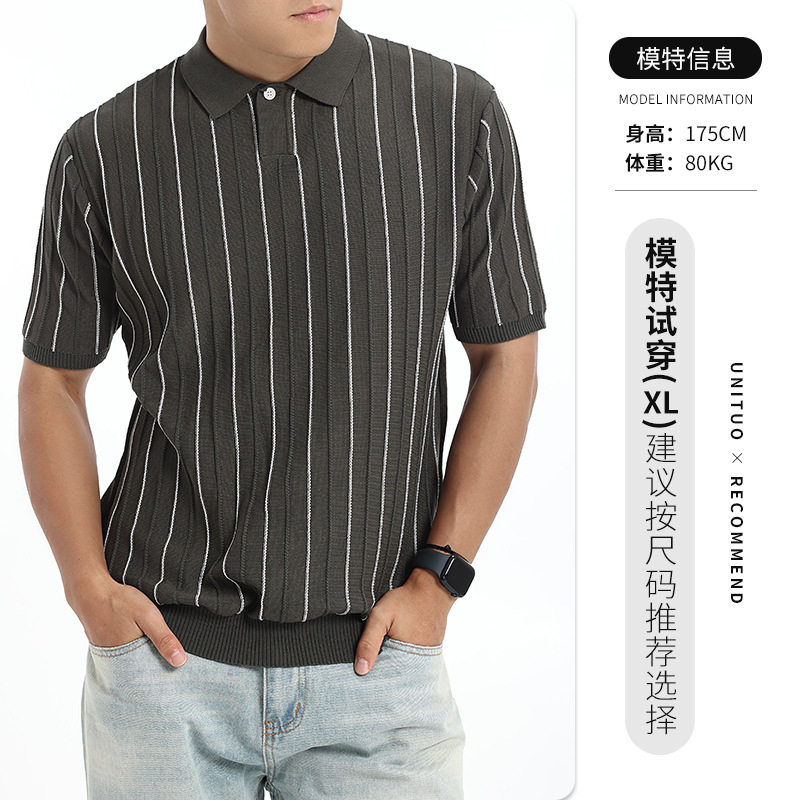 Polo de seda de hielo de hombre, camiseta de alto nivel, camiseta de negocios, camiseta de polo, tela de rayas, camiseta de punto de manga corta para hombres