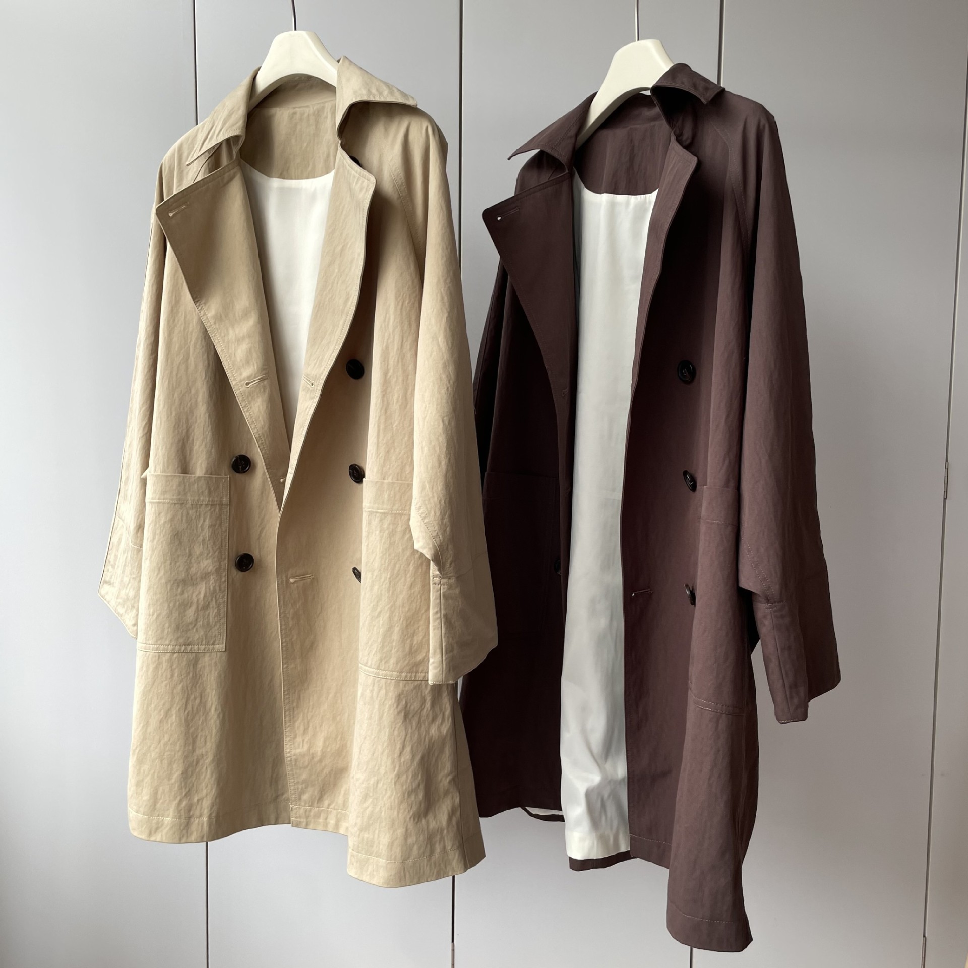 日本染整技术 高密精梳棉!翻领单排牛角扣宽松中长款风衣外套女