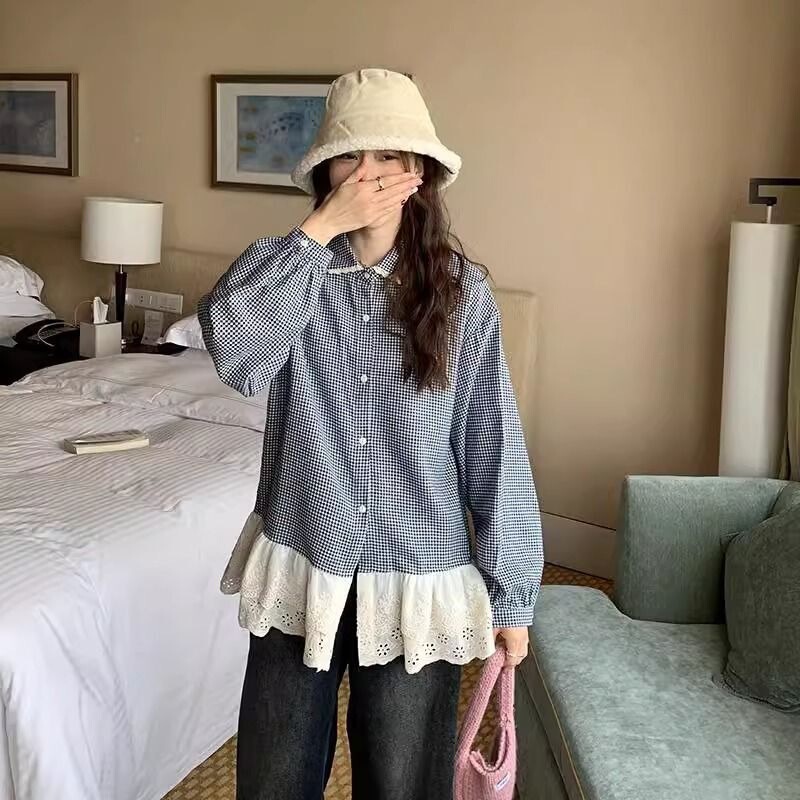 Korean Style Versatile New Sweet Lace Trim Patchwork Doll Collar Layered Women's Plaid Shirt Trendy Top