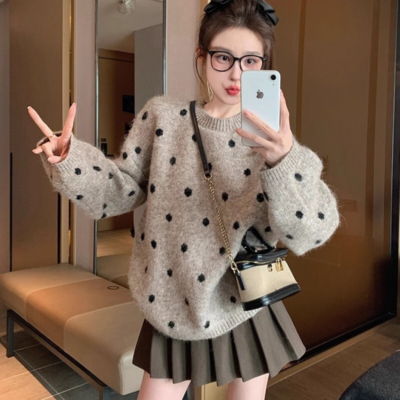 Khaki Polka Dot Pullover Knitwear for Women 2025 New Autumn and Winter Thickeneded Loose Casual Lazy Style Inner Knitwear