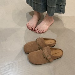 复古奶油风磨砂包头半拖鞋女外穿2025秋冬新款一脚蹬勃肯鞋子