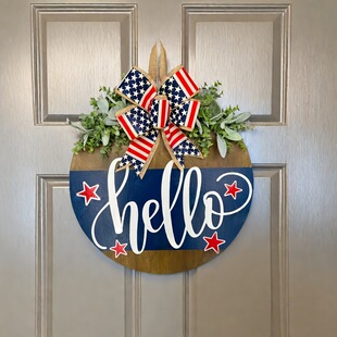 Independence Day Door Sign Cross-Border Wooden Board 3D Stereo Letter Wooden Board Garland Door Hanging with Bow Aquatic Plant Decoration