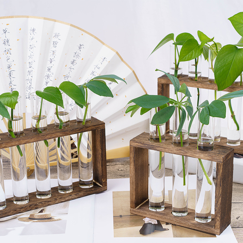 レトロ創意木架水培植物オフィス装飾品透明試験管花瓶清新ガラス花器|undefined