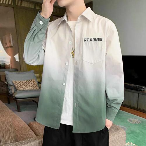 Men's Long-Sleeve Gradation Shirt for Spring and Autumn - New Arrival Korean Style Casual T-Shirts for Men - Blue Trendy Loose Top Coat