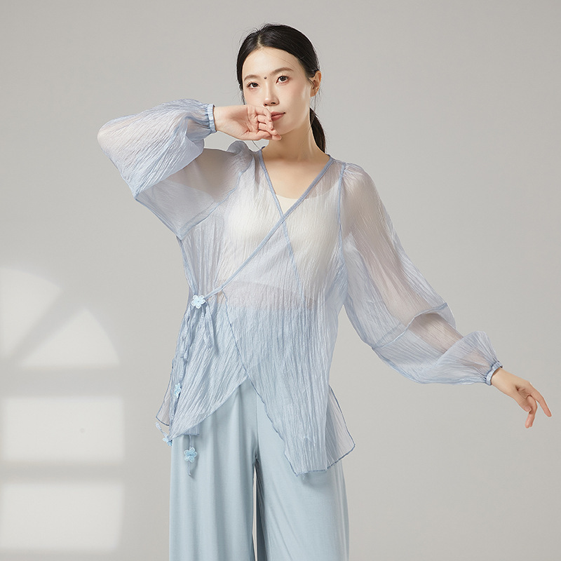 クラシックダンス服、エレガントな長袖女性用夏用薄手ガーゼブラウス、中国モダンダンス練習着トップス|undefined
