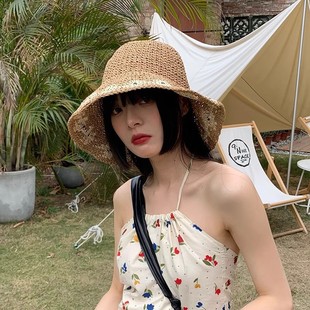 Summer Large-Brimmed Vacation Beach Hat, Sun Protection and Uv Protection Hat, Hand-Woven Outdoor Face-Covering Sun Hat for Women, Trendy