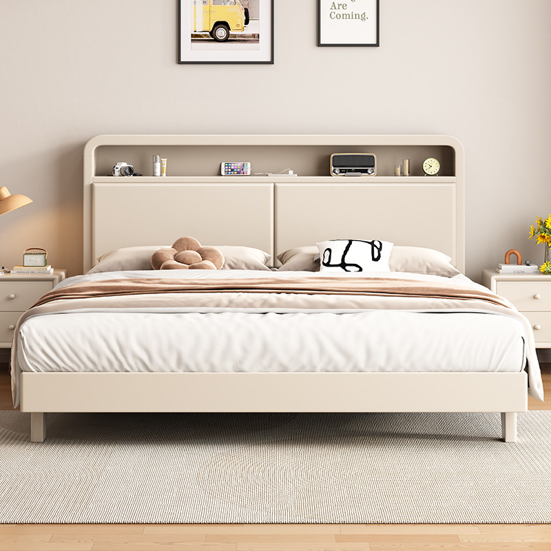 Cama silenciosa de estilo crema blanca nórdica moderna simple cama de madera maciza 1.5m 1.8 cama principal cama económica
