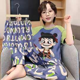 夏季薄款2026新款男童睡衣中大童哪吒儿童短袖长裤男孩家居服外穿