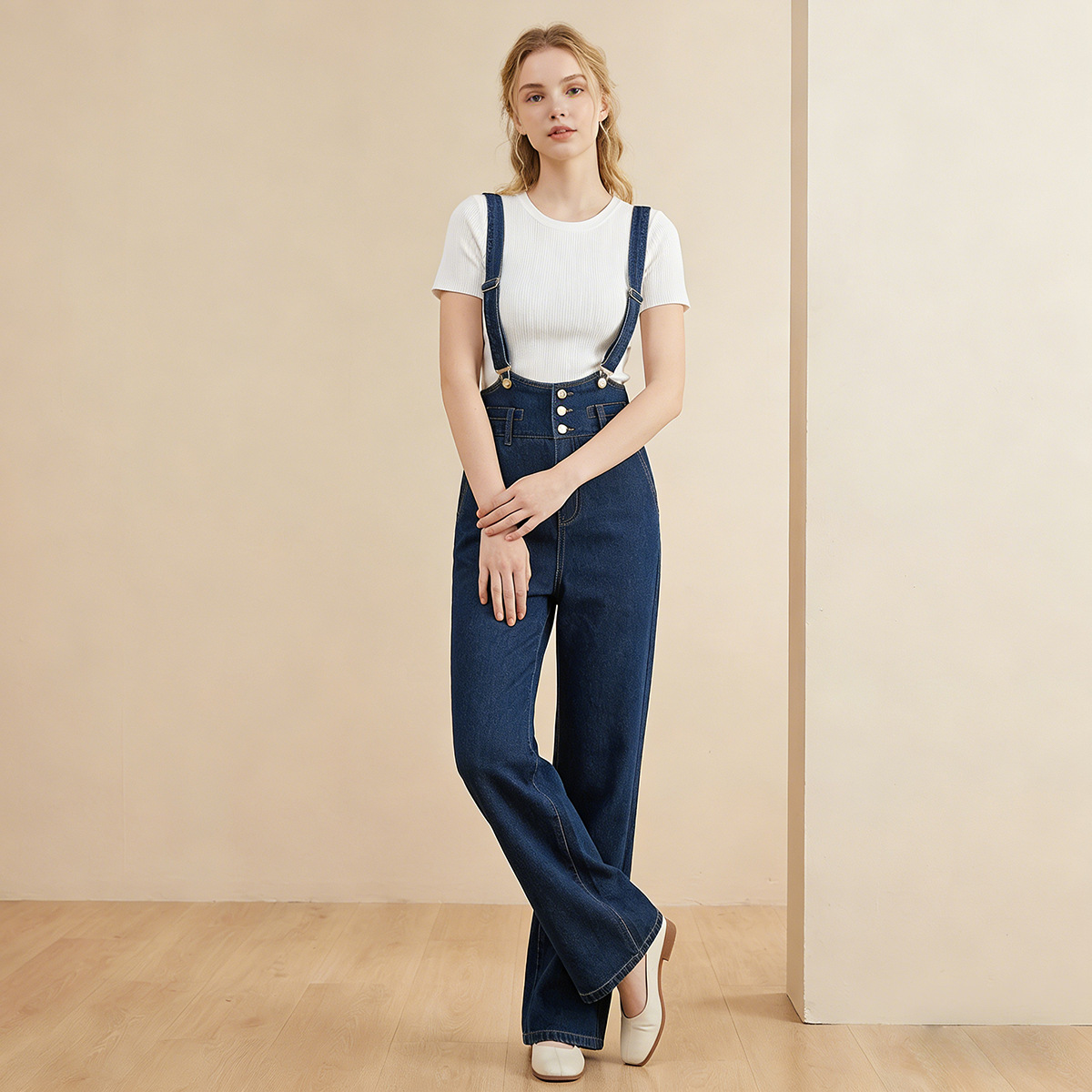 Yếm quần nữ denim ống rộng phong cách Hàn Quốc — xanh lam chi tiết 3