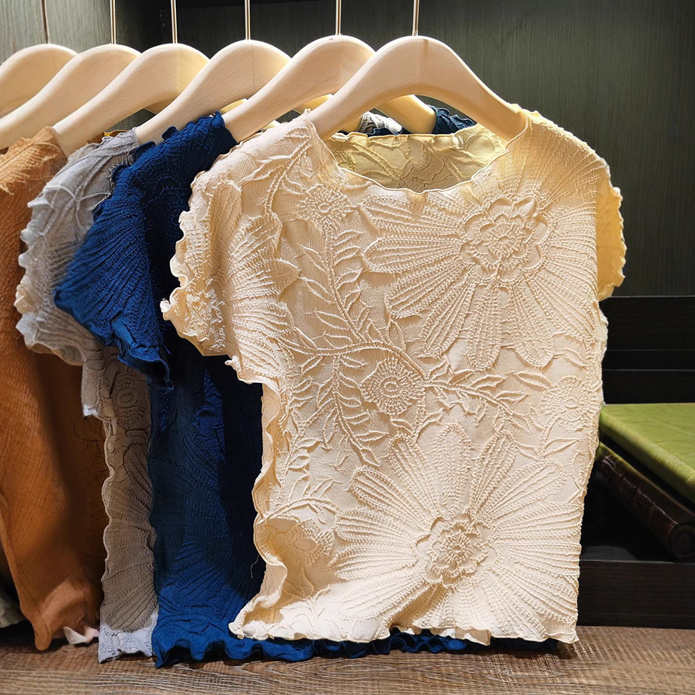 Women's Clothing Women's Classic Style Short Sleeve T-Shirt Heavy Embroidered Ruffled Round Neck Loose Top Solid Color Batwing Sleeve_ecoleips.com