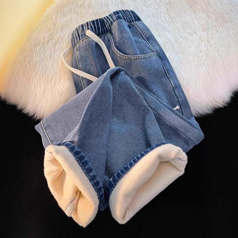 Fleece-Lined Thick Straight-Leg Women's Jeans 2026 Autumn and Winter New Petite Wide-Leg Cotton Elastic Waist Pants